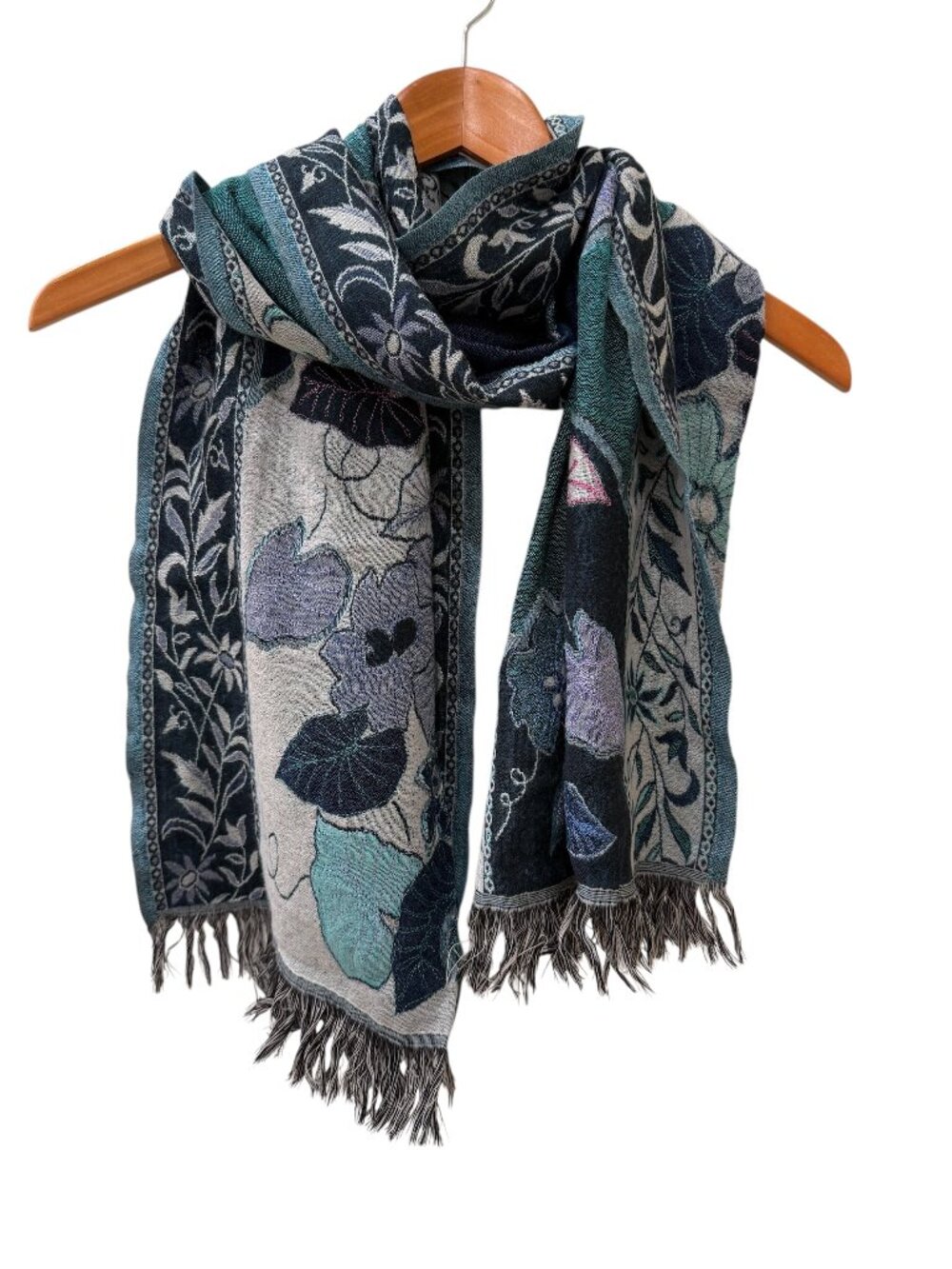 Teal Botanical Woven Scarf Fringe Tapestry Wrap Cozy